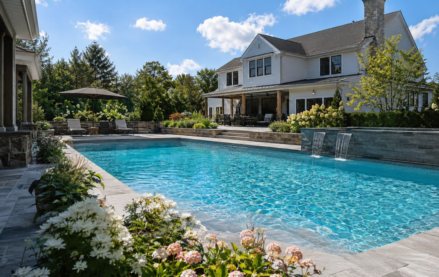 Crystal clear backyard pool after service