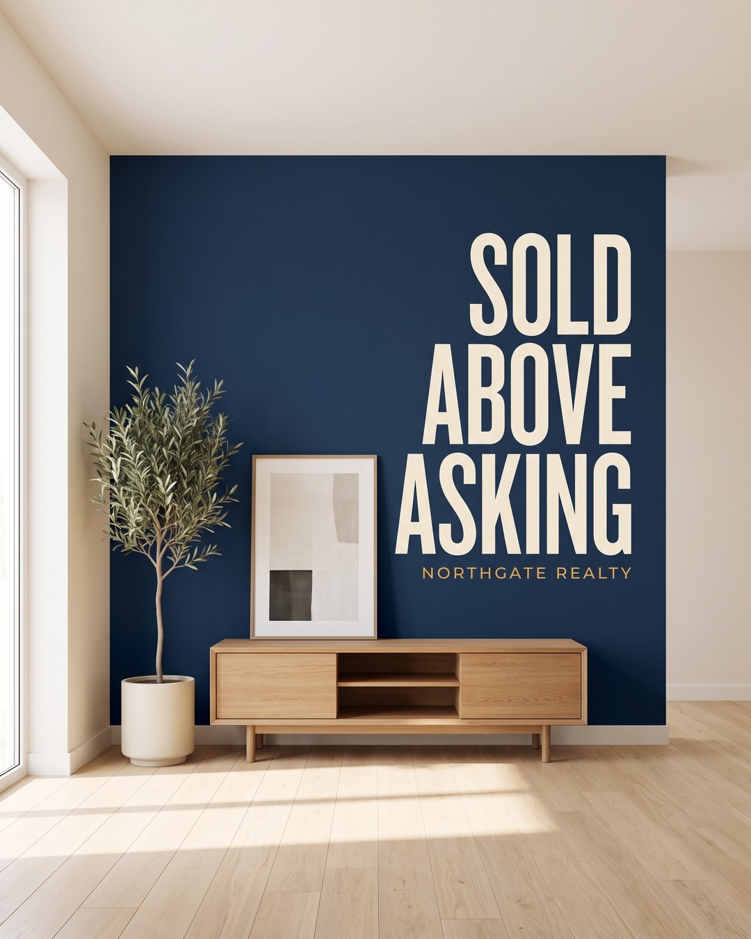 Post reading Sold above asking, on a navy accent wall